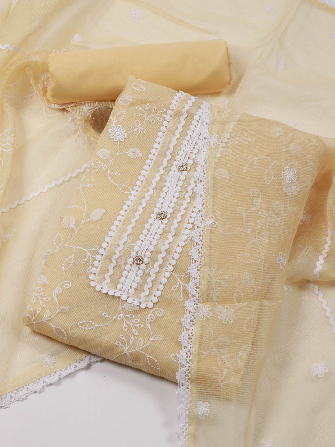 

Meena Bazaar Floral Embroidered Unstitched Dress Material, Yellow