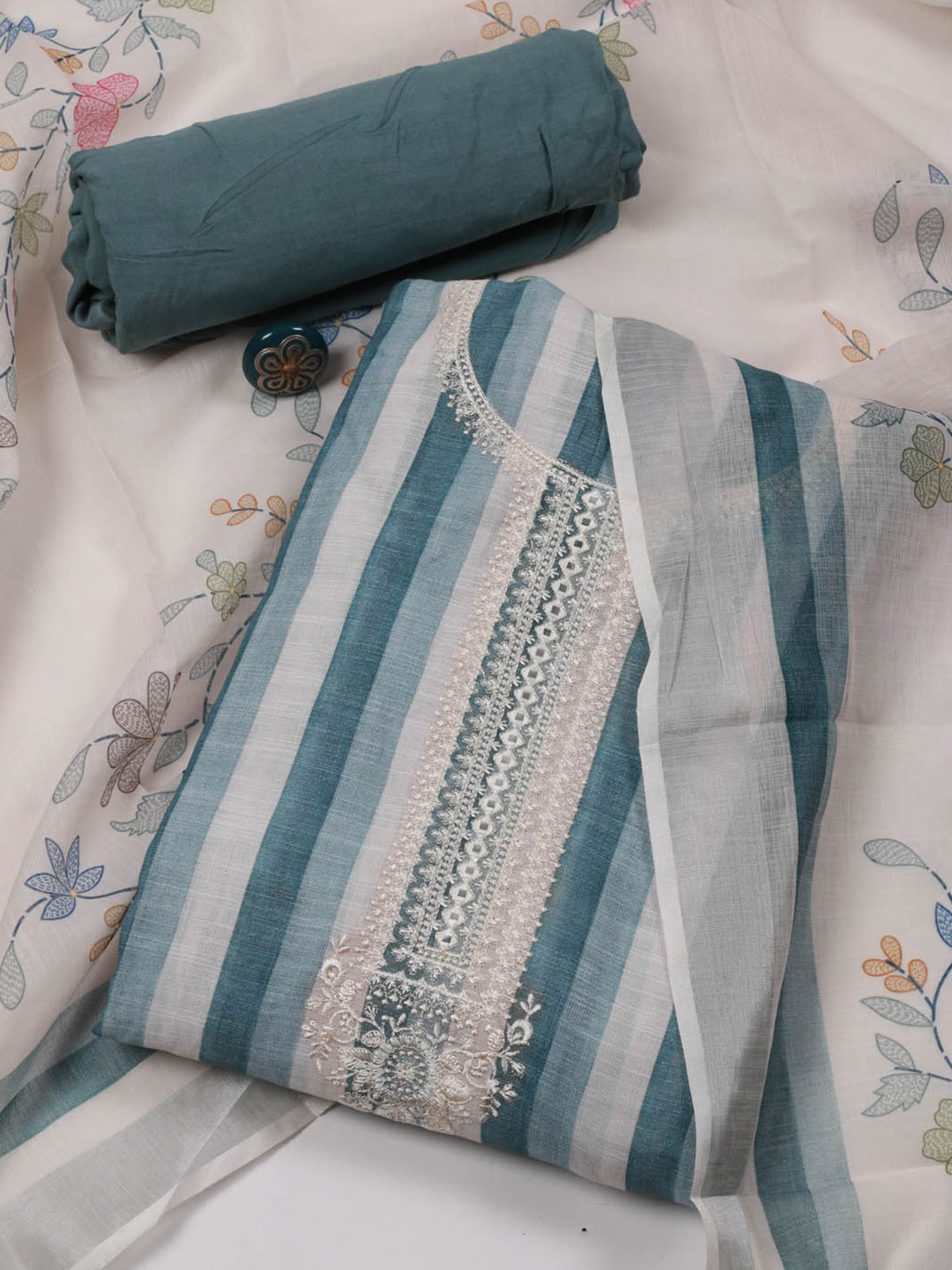 

Meena Bazaar Striped Linen Unstitched Dress Material, Blue