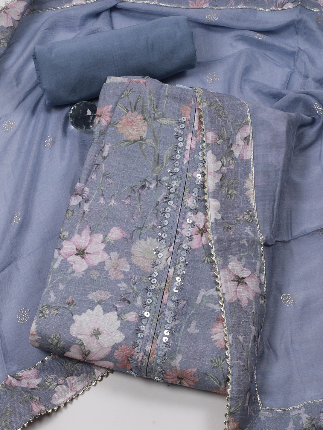 

Meena Bazaar Floral Printed Sequinned Unstitched Dress Material, Grey