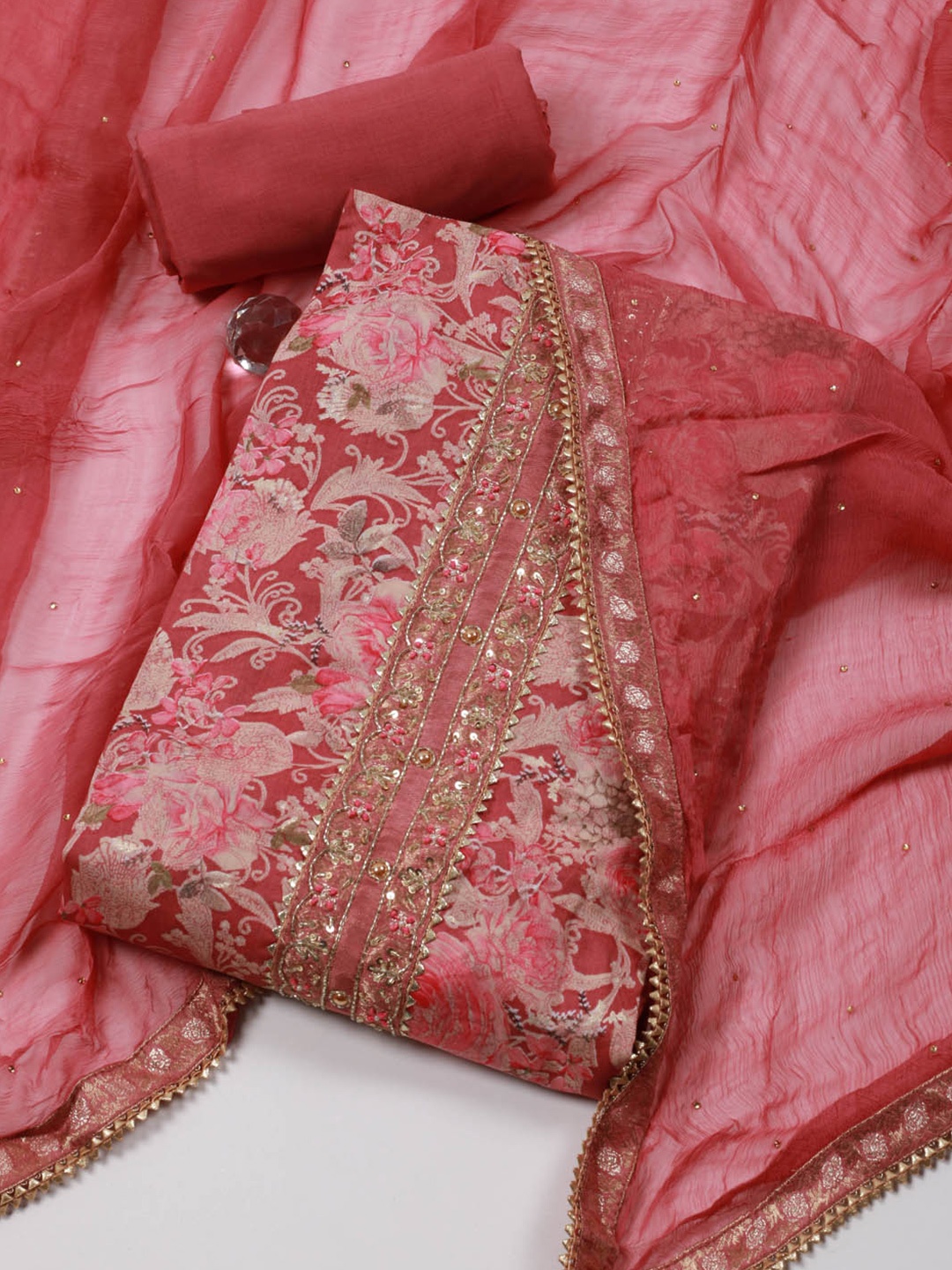 

Meena Bazaar Floral Printed Gotta Patti Unstitched Dress Material, Pink