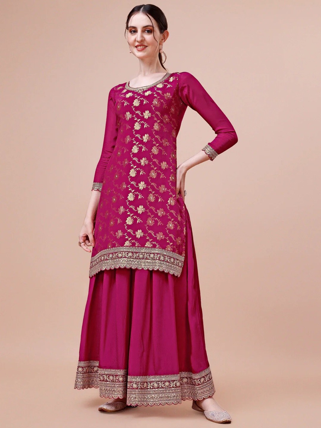 

Meena Bazaar Floral Woven Design Zari Unstitched Dress Material, Pink