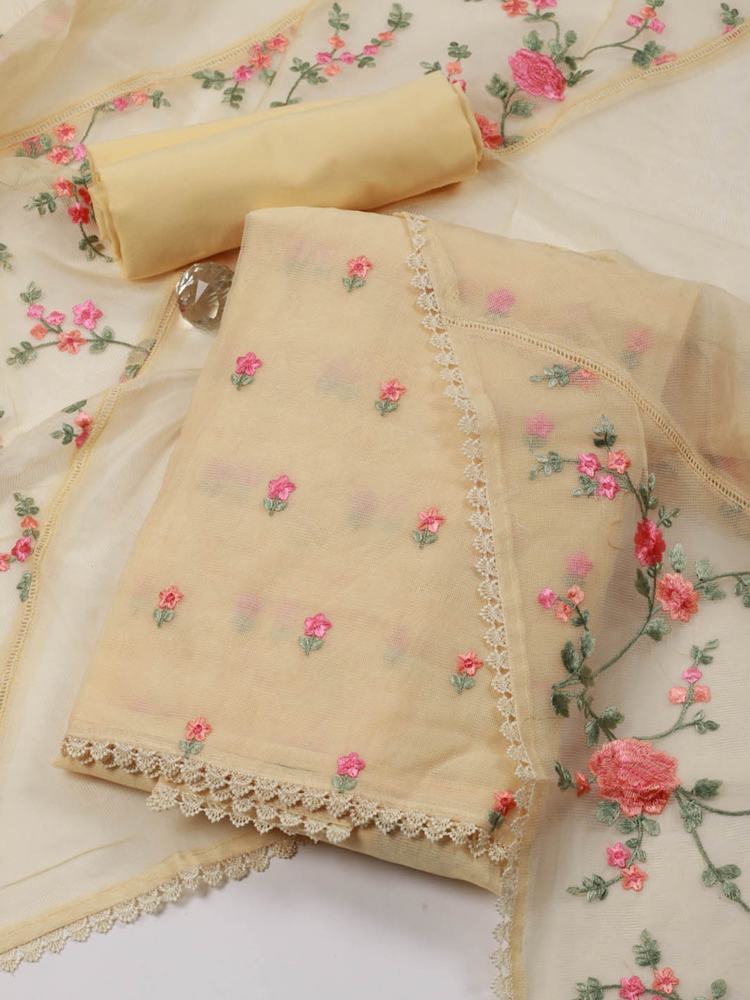 

Meena Bazaar Floral Embroidered Gotta Patti Unstitched Dress Material, Yellow