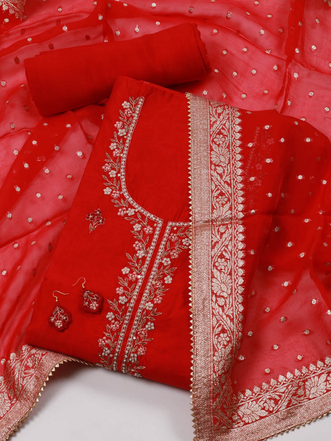 

Meena Bazaar Embroidered Art Silk Unstitched Dress Material, Red