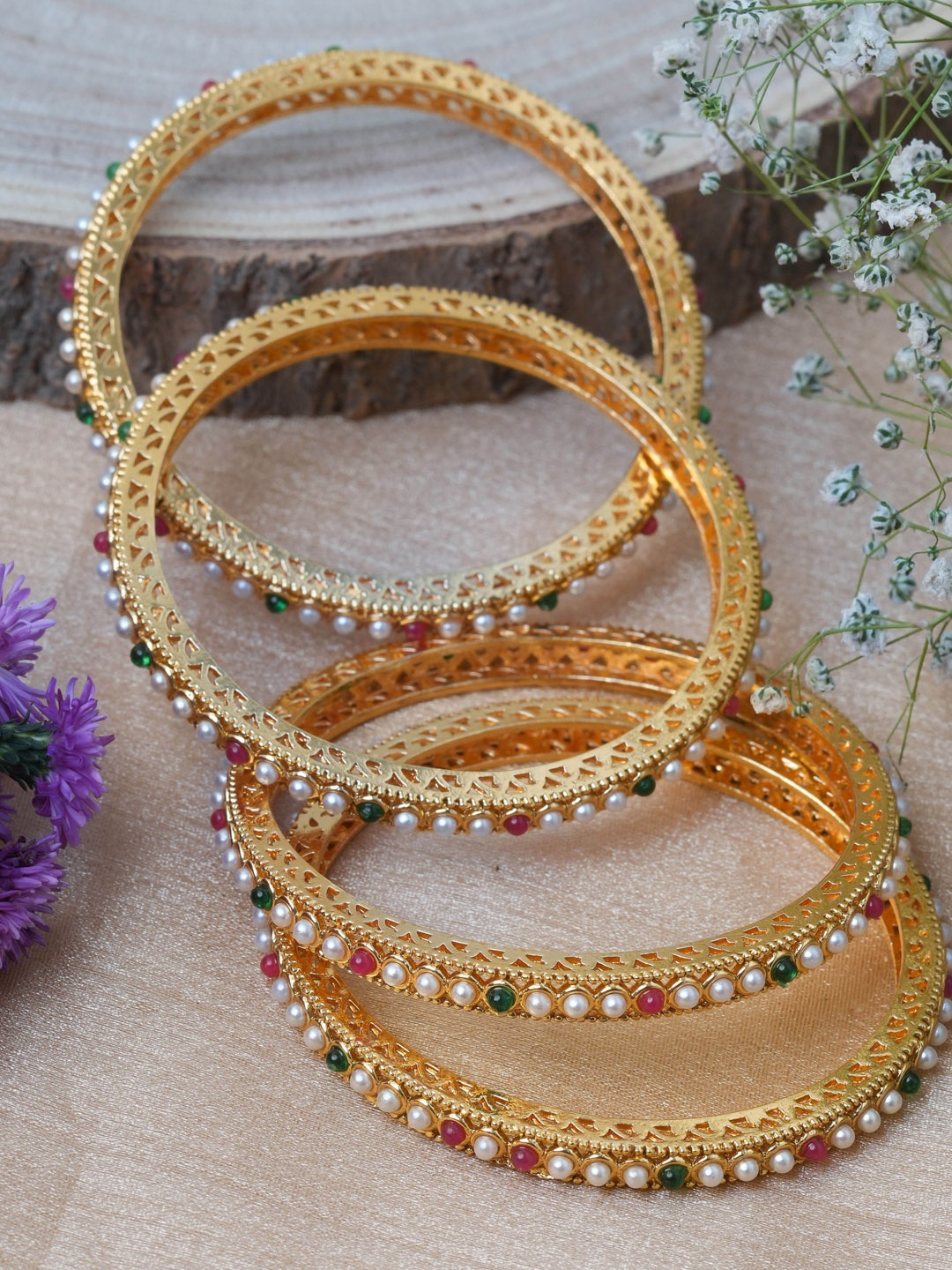 

Mirraw Set of 4 Gold Plated Artificial Beads Studded Bangles