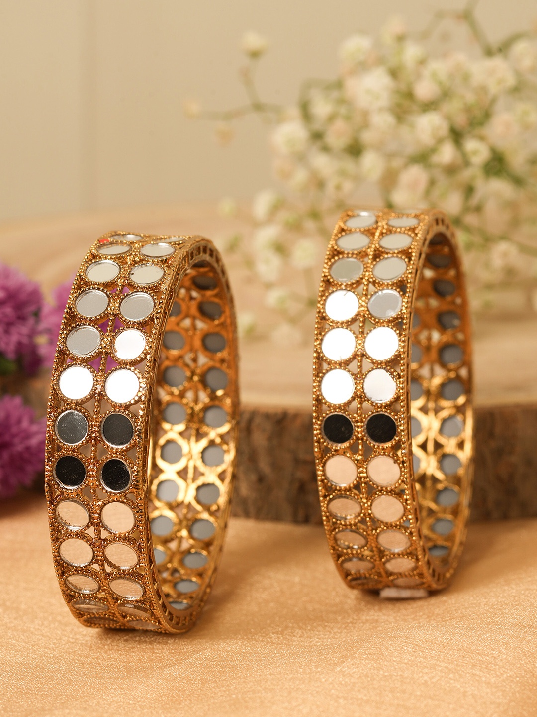 

Mirraw Set of 2 Gold Plated Mirror work Studded Bangles