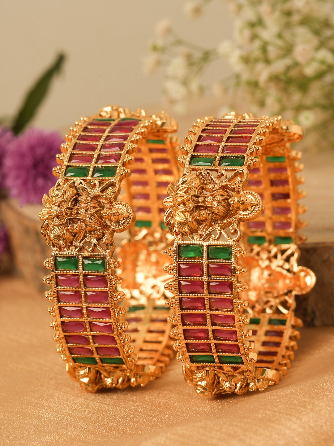 

Mirraw Set of 2 Gold-Plated Stone Studded Bangles, Red