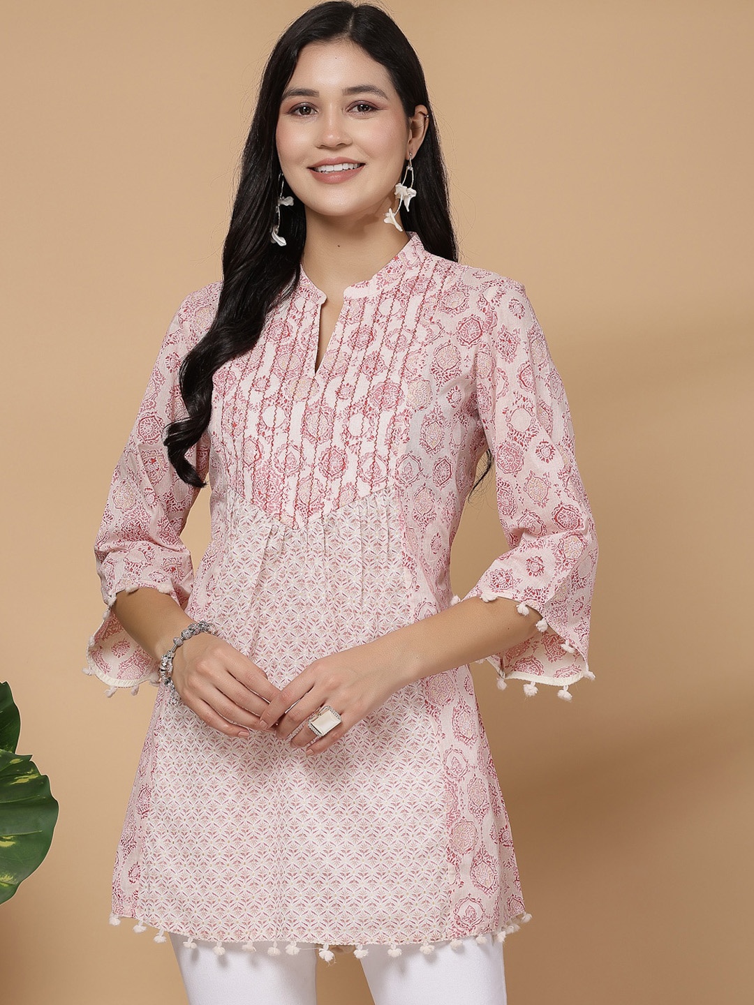 

Nayam By Lakshita Ethnic Printed Mandarin Collar A-Line Kurti, Pink