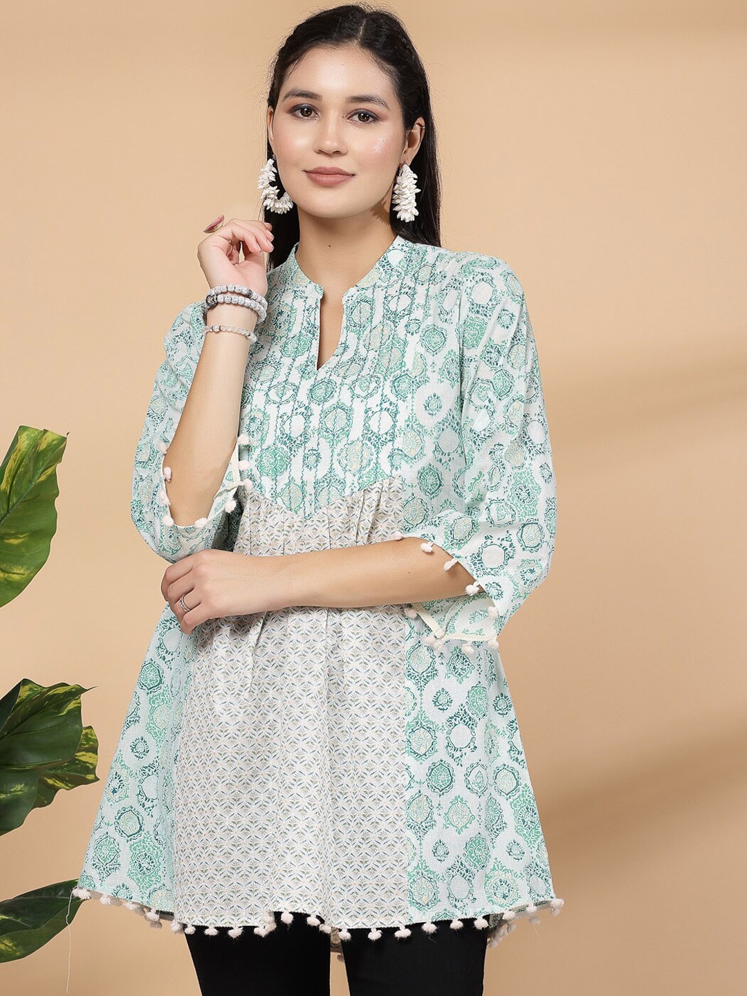 

Nayam By Lakshita Floral Printed Band Collar A Line Kurti, Green