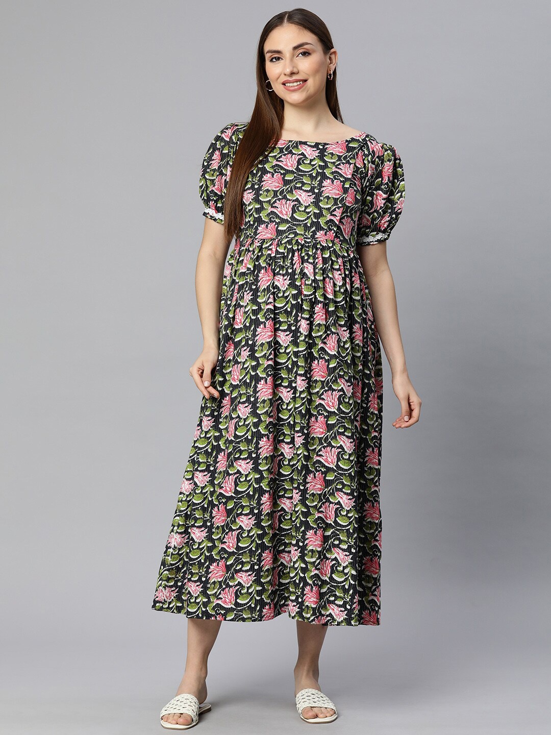 

Swishchick Floral Printed Puff Sleeves Fit & Flare Midi Maternity Dress, Black