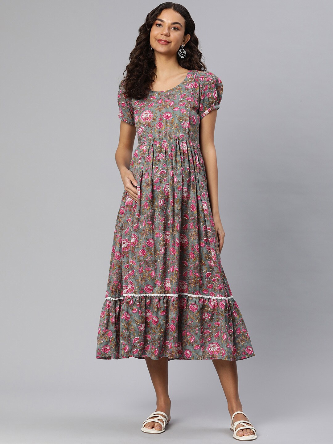 

Swishchick Ethnic Motifs Printed Puff Sleeves Fit & Flare Midi Maternity Dress, Blue