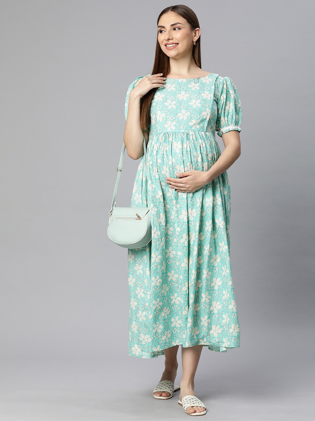 

Swishchick Ethnic Motifs Print Puff Sleeve Maxi Midi Dress, Green