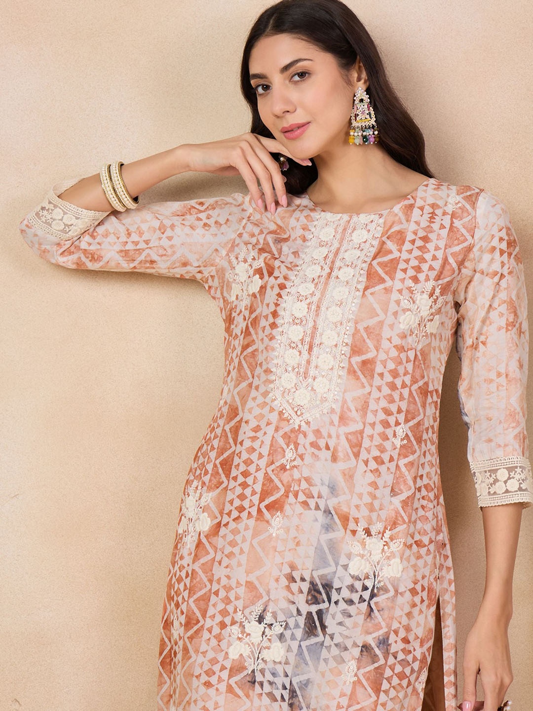 

Anouk Peach-Coloured Batik Printed Sequinned Cotton Silk Straight Kurta