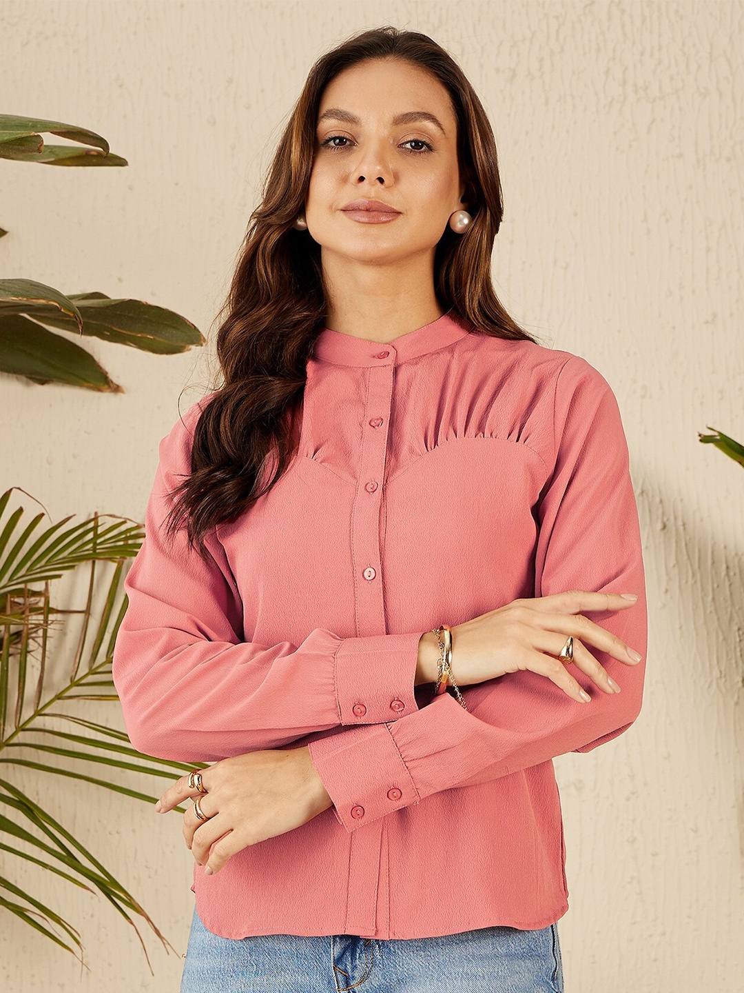 

RARE Pink Mandarin Collar Cuffed Sleeves Opaque Shirt Style Casual Top