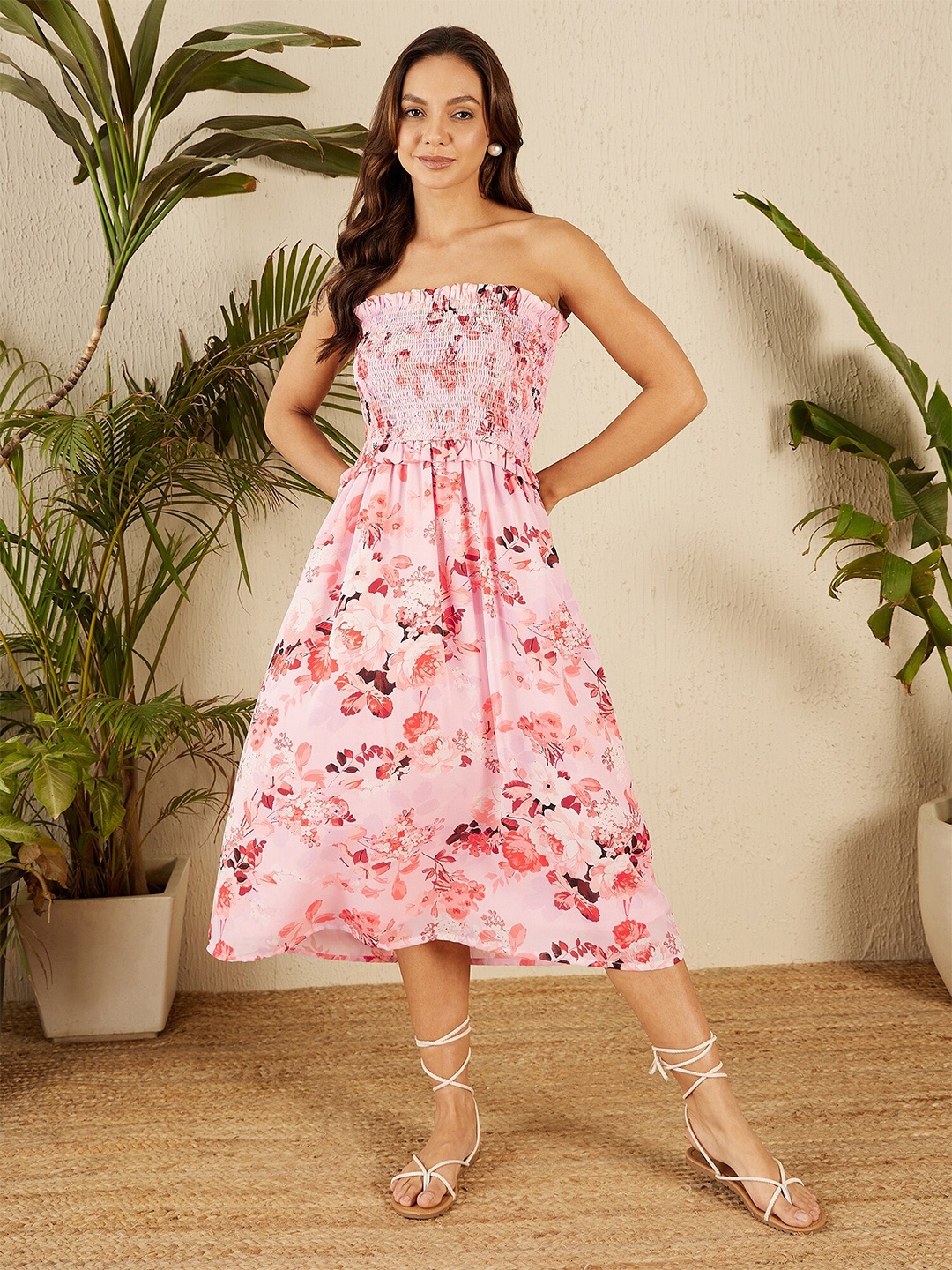 

RARE Floral Print Strapless Sleeveless Fit & Flare Midi Dress, Pink