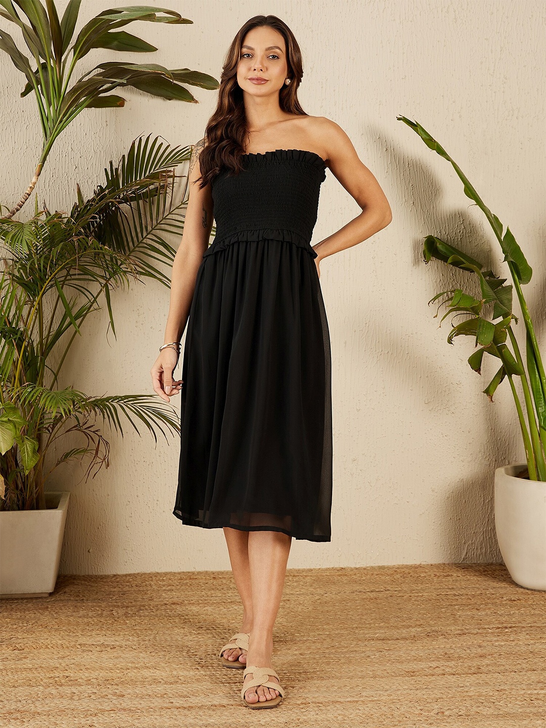 

RARE Off-Shoulder Fit & Flare Midi Dress, Black