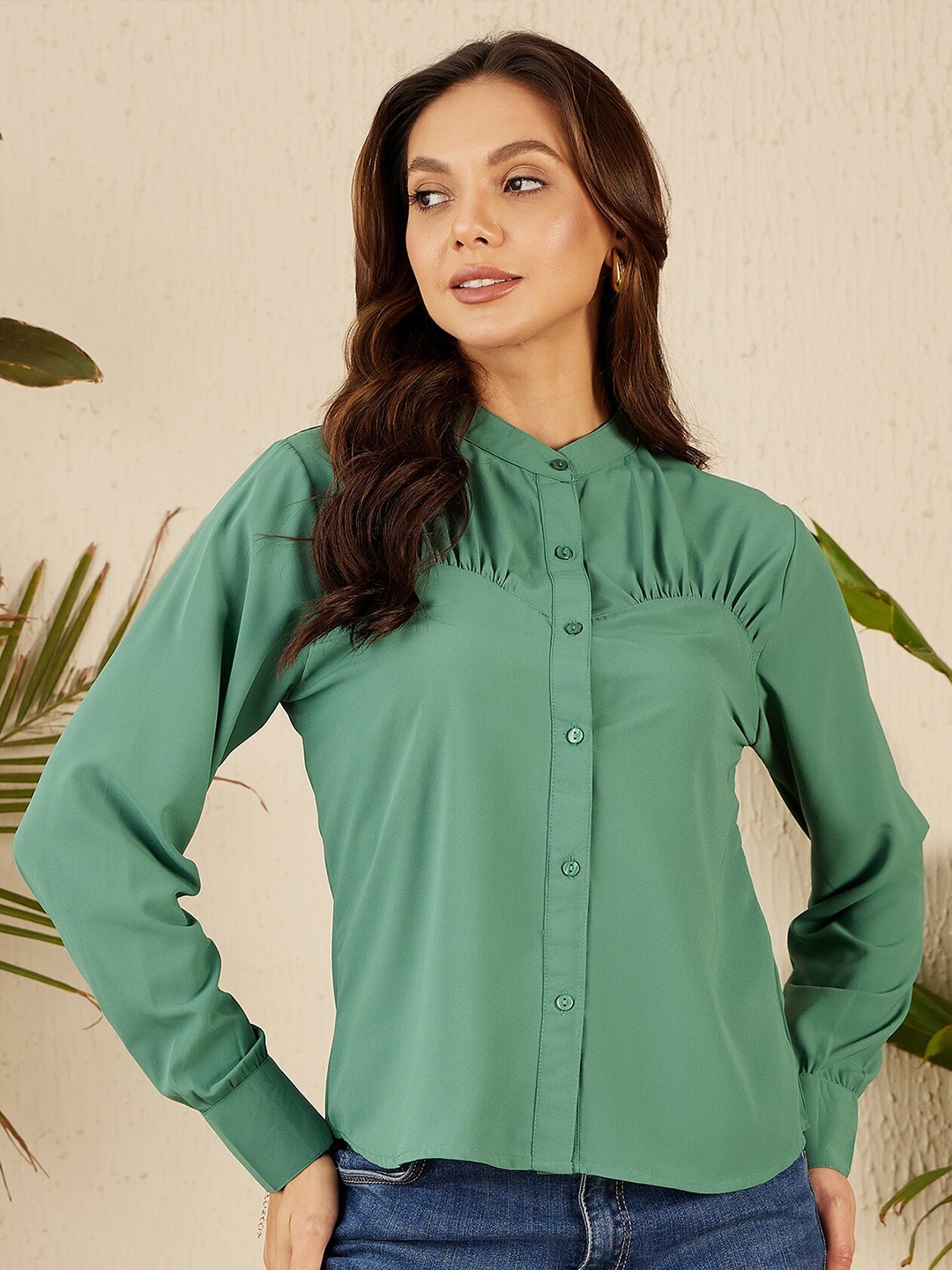 

RARE Green Mandarin Collar Cuffed Sleeves Opaque Shirt Style Casual Top