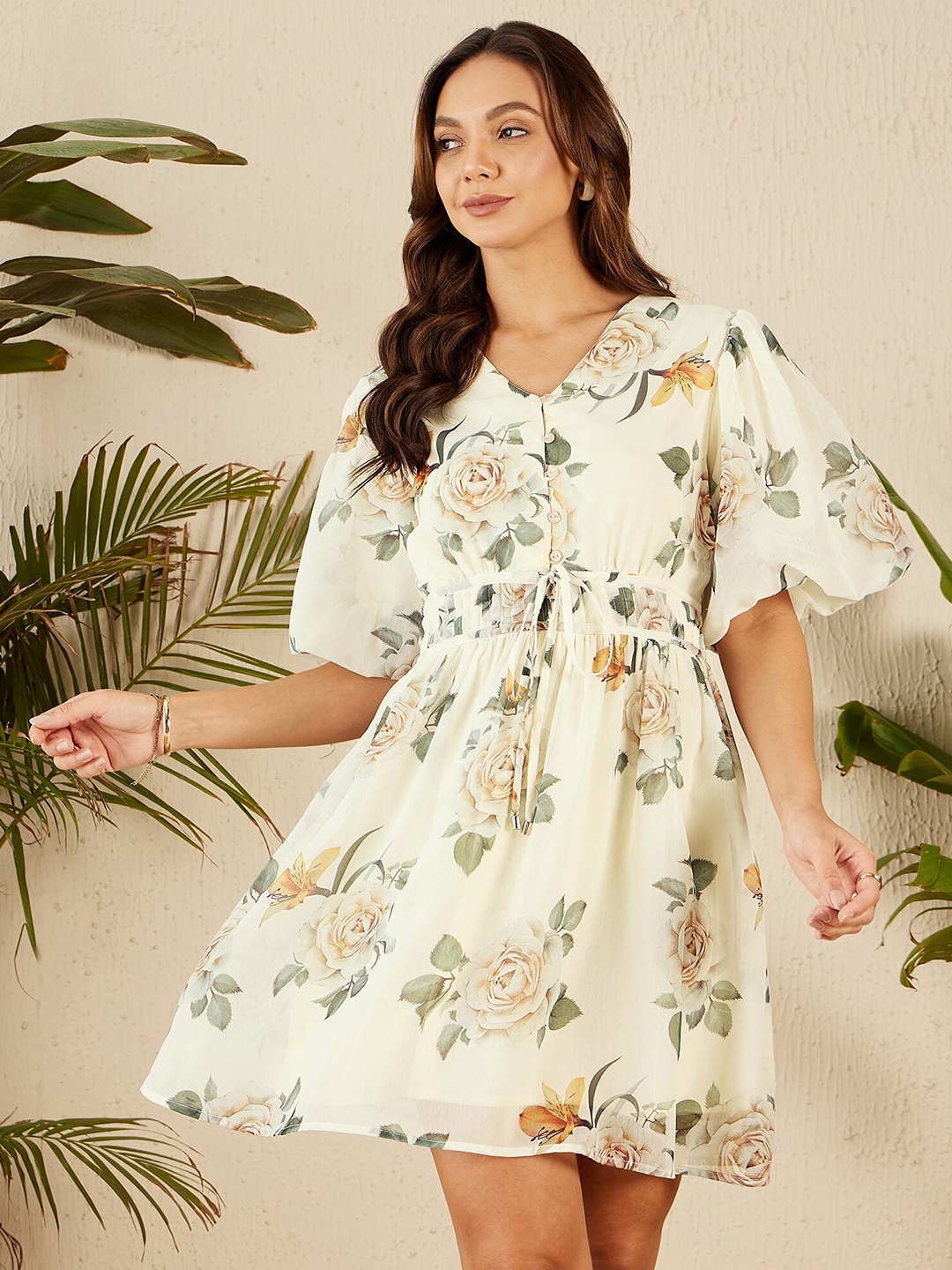 

RARE V Neck Floral Print Flared Sleeve Chiffon A-Line Dress, Off white