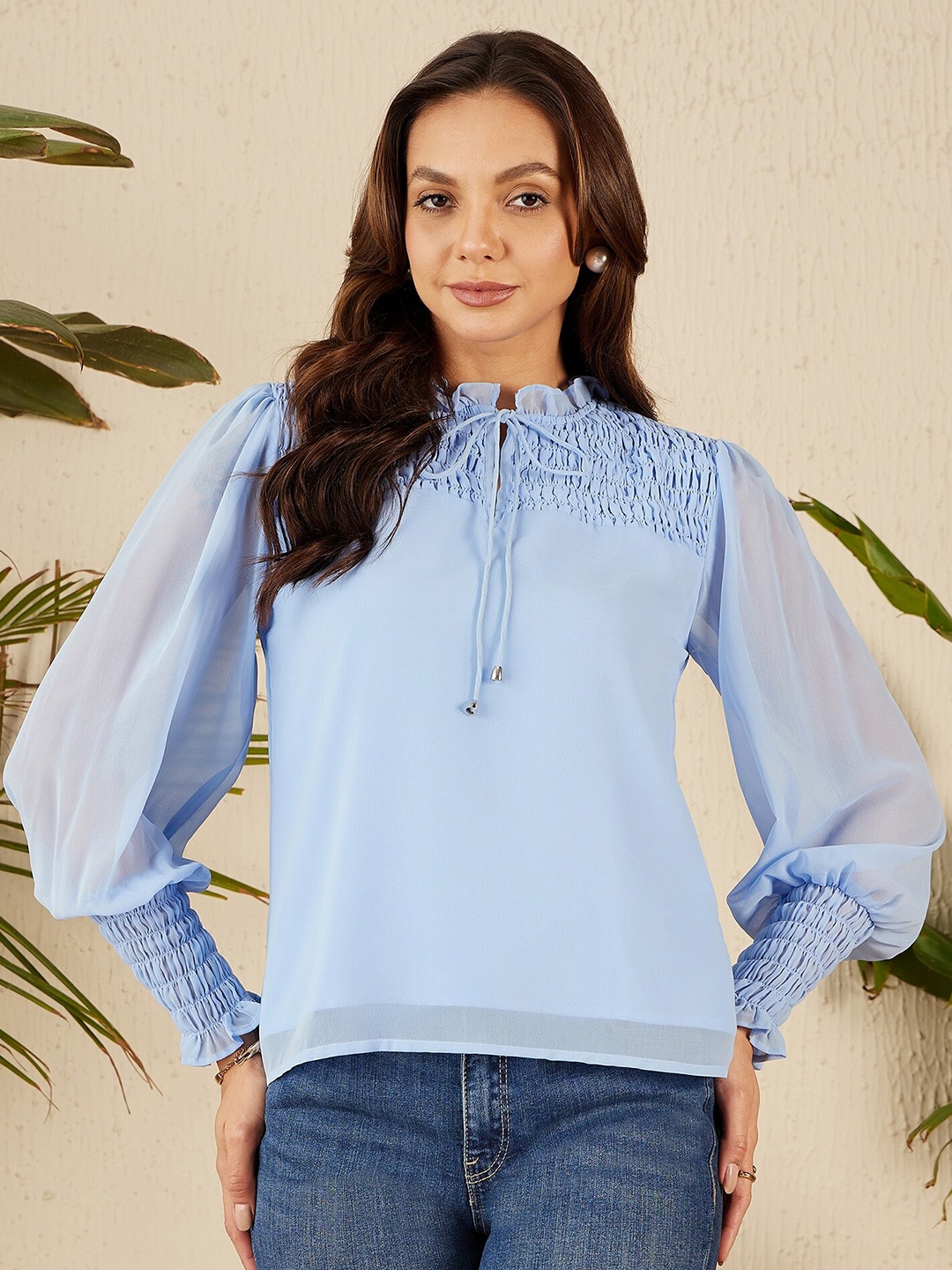 

RARE Blue Georgette Tie-Up Neck Cuffed Sleeves Smocking Opaque Casual Top