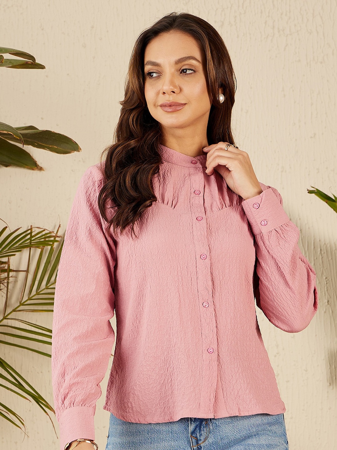 

RARE Peach Mandarin Collar Cuffed Sleeves Shirt Style Casual Top
