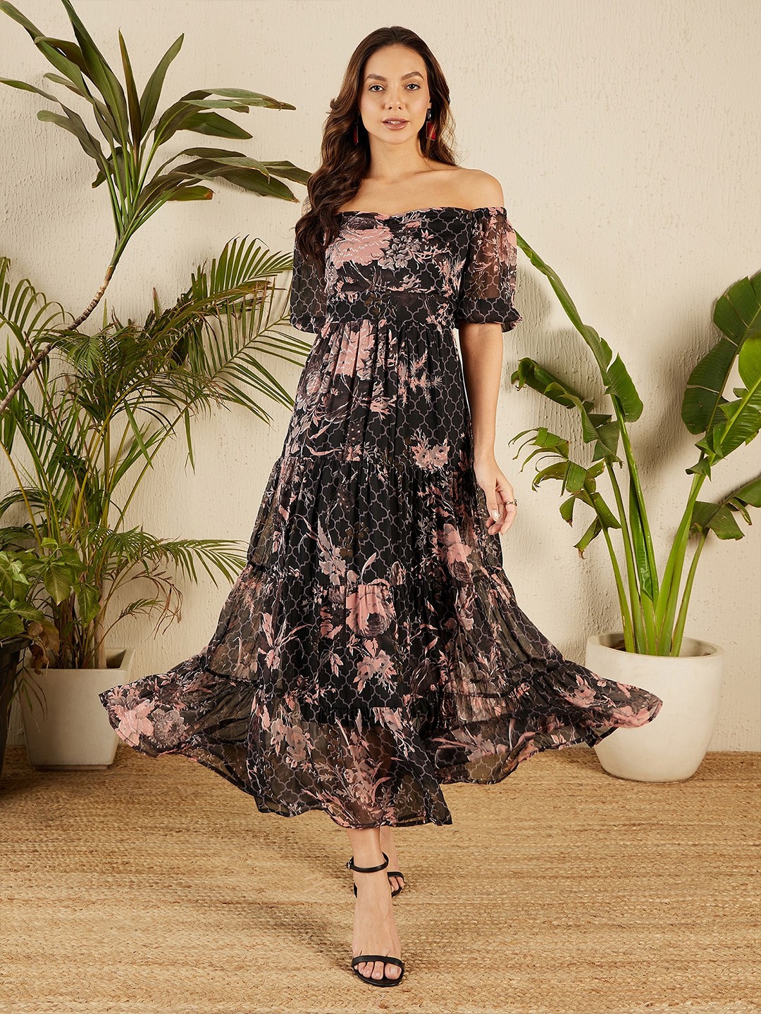 

RARE Tropical Print Off-Shoulder Short Sleeves Chiffon Maxi Dress, Black