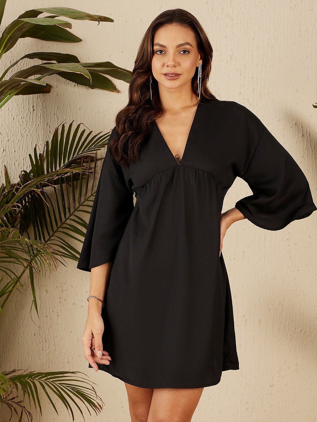 

RARE V-Neck Three-Quarter Bell Sleeves A-Line Dress, Black