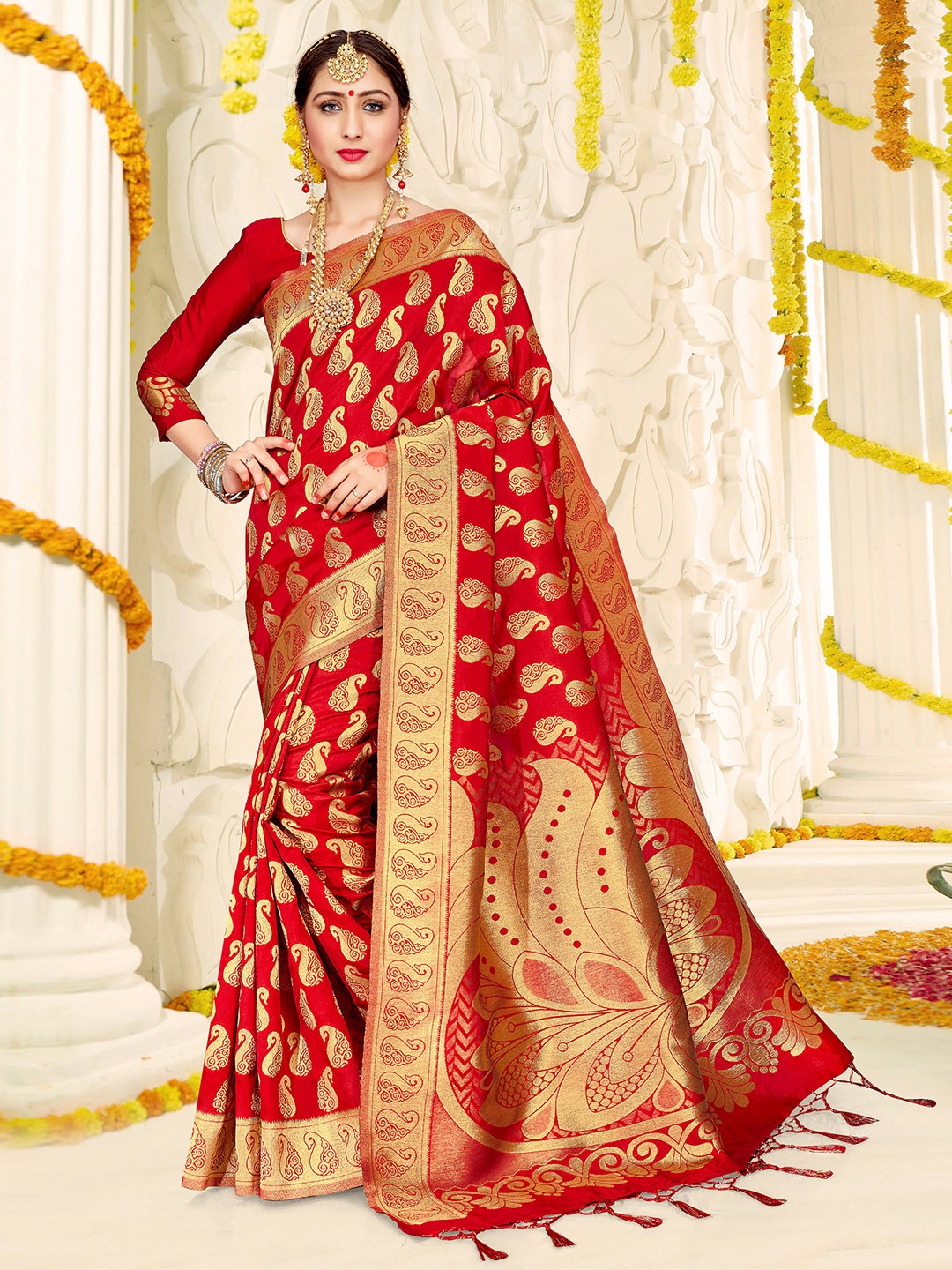 

TIRA Ethnic Woven Design Zari Art Silk Banarasi Saree, Red