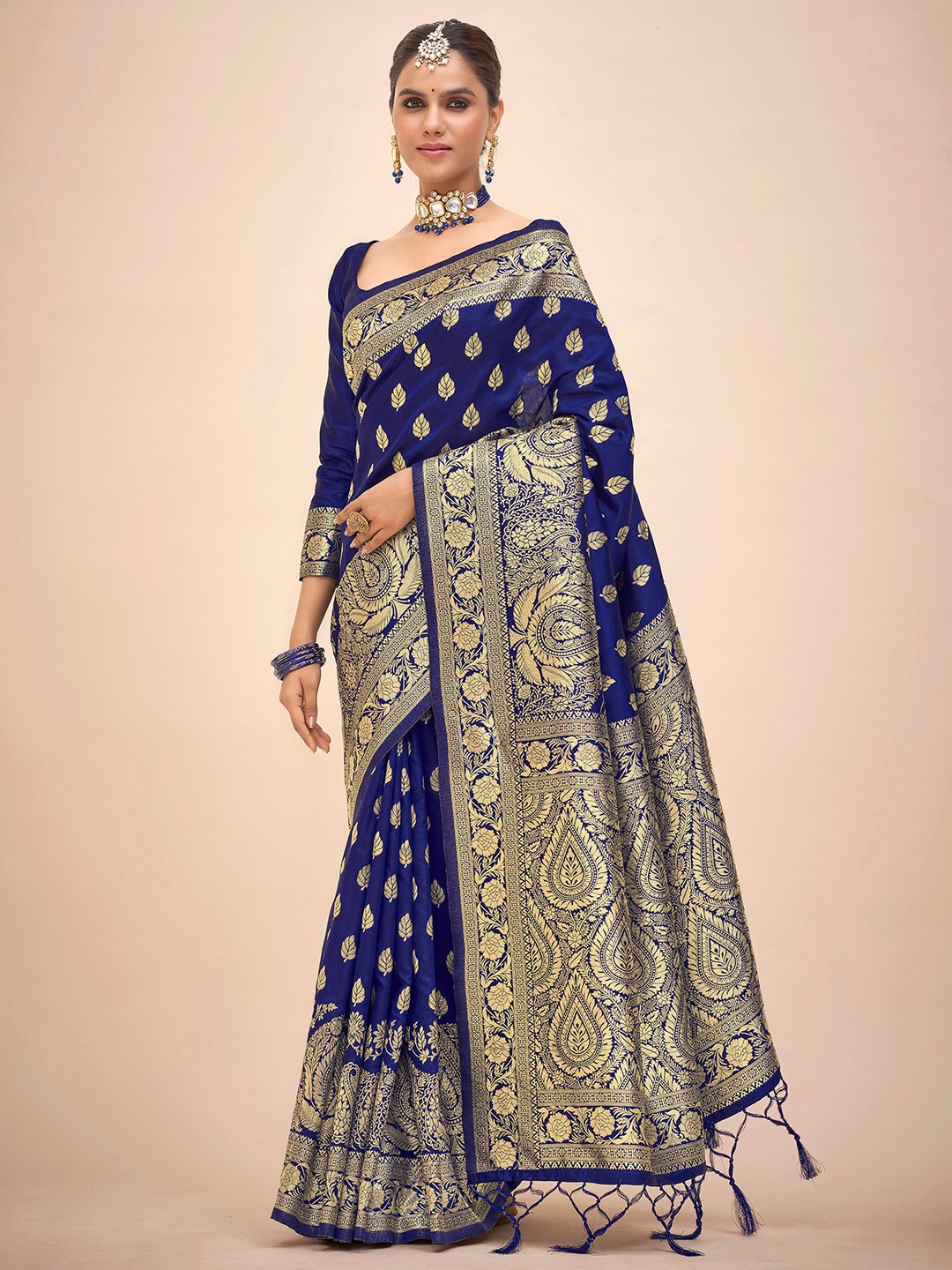 

TIRA Ethnic Woven Design Zari Art Silk Banarasi Saree, Navy blue