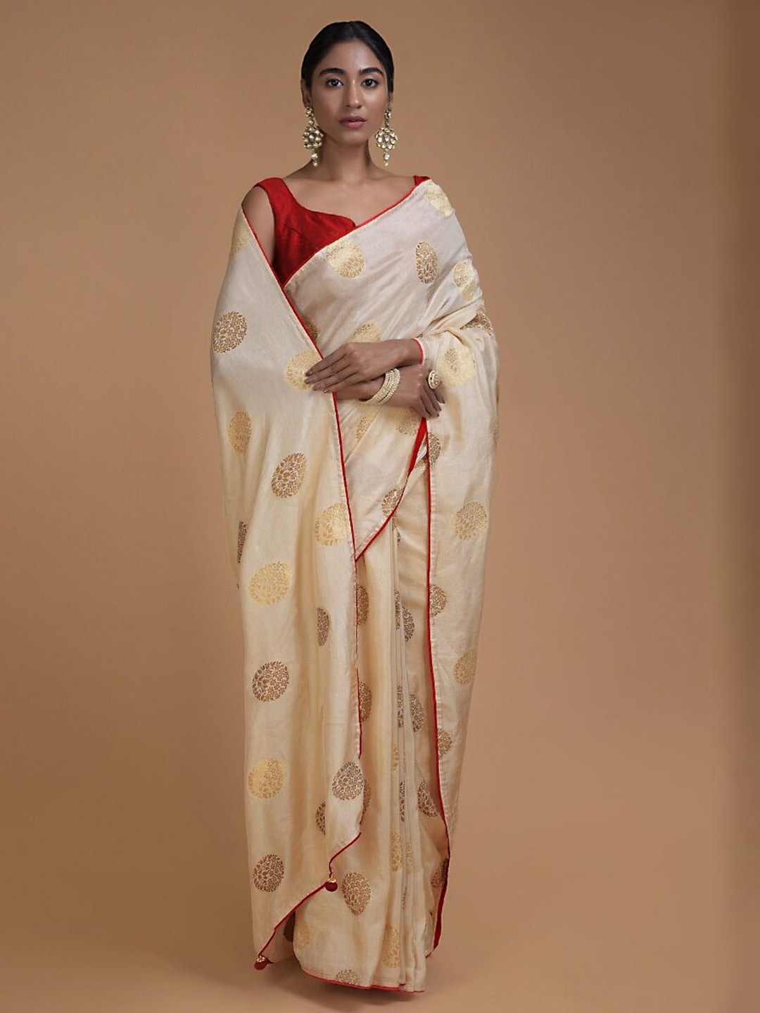 

TIRA Ethnic Woven Design Zari Art Silk Block Print Saree, Off white