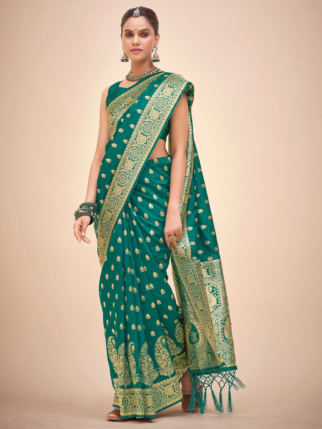 

TIRA Ethnic Woven Design Zari Art Silk Banarasi Saree, Sea green