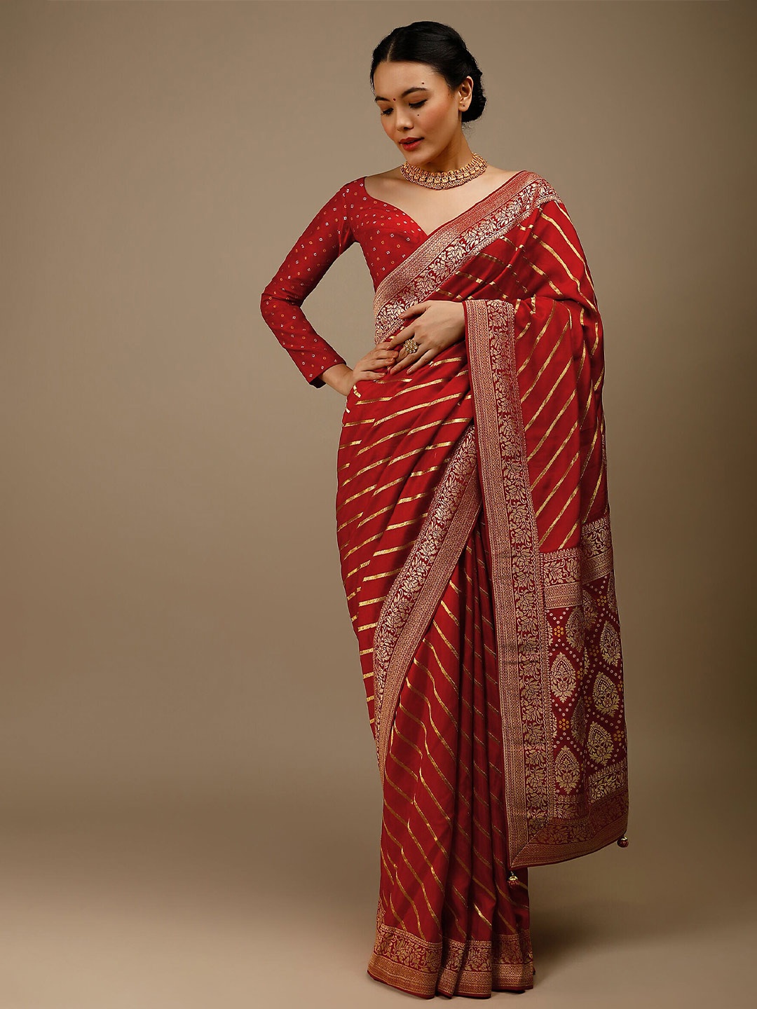 

TIRA Striped Zari Art Silk Saree, Red