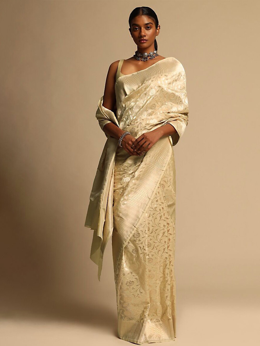 

TIRA Floral Zari Art Silk Banarasi Saree, Gold