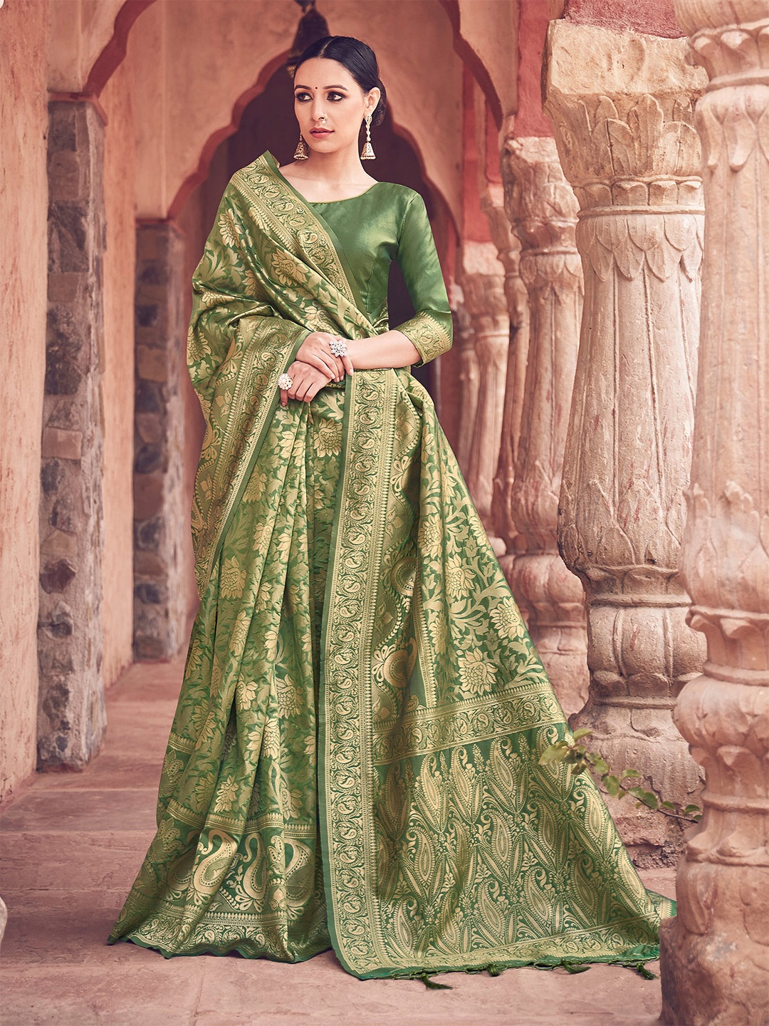 

TIRA Ethnic Woven Design Zari Art Silk Banarasi Saree, Olive