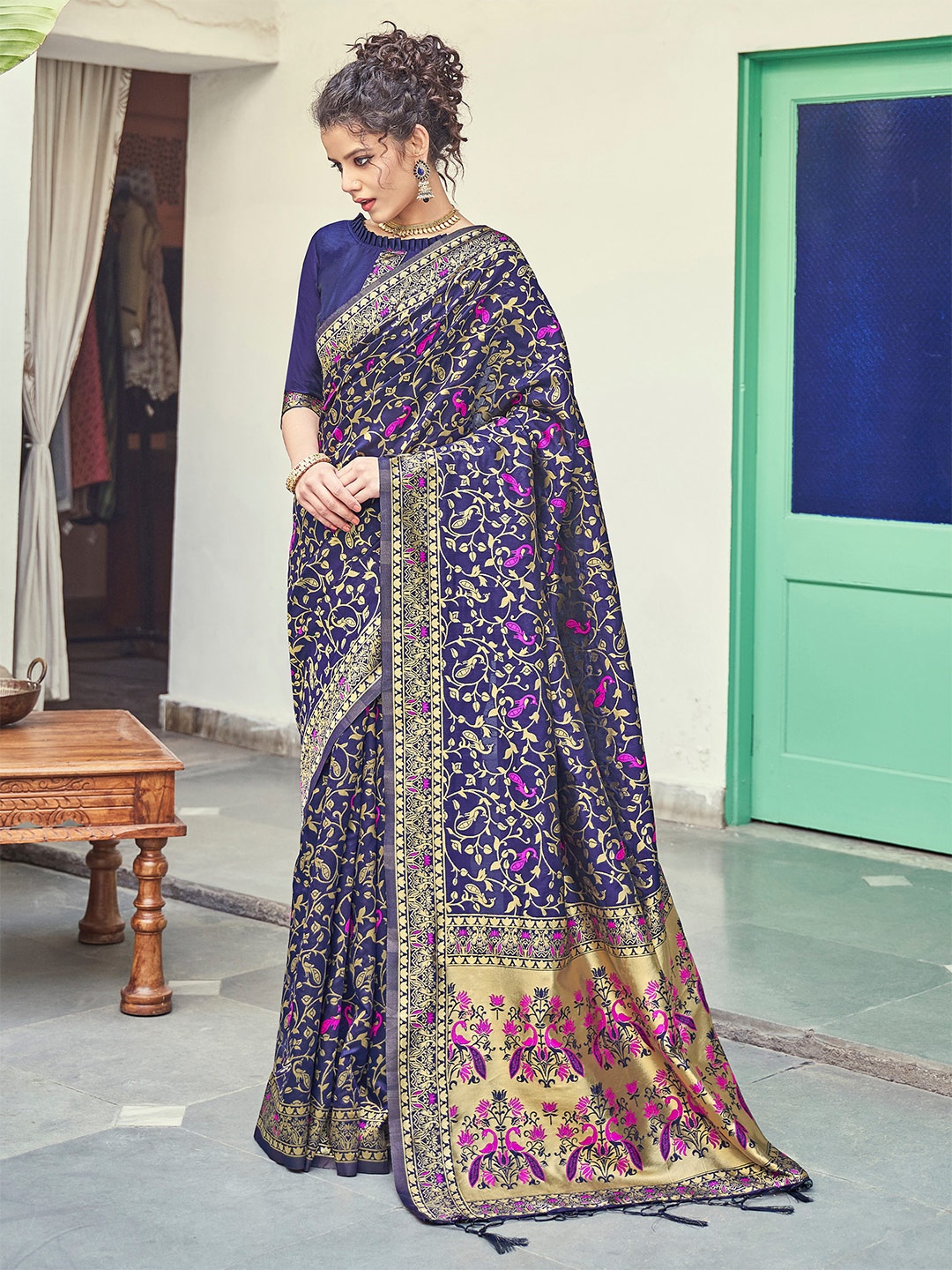 

TIRA Floral Woven Design Zari Art Silk Banarasi Saree, Navy blue