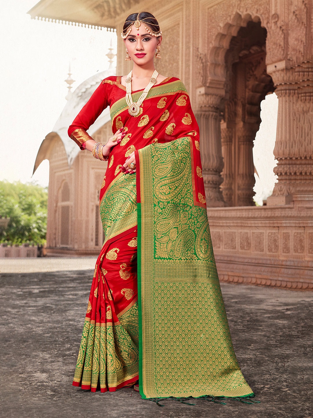 

TIRA Ethnic Woven Design Zari Art Silk Banarasi Saree, Red