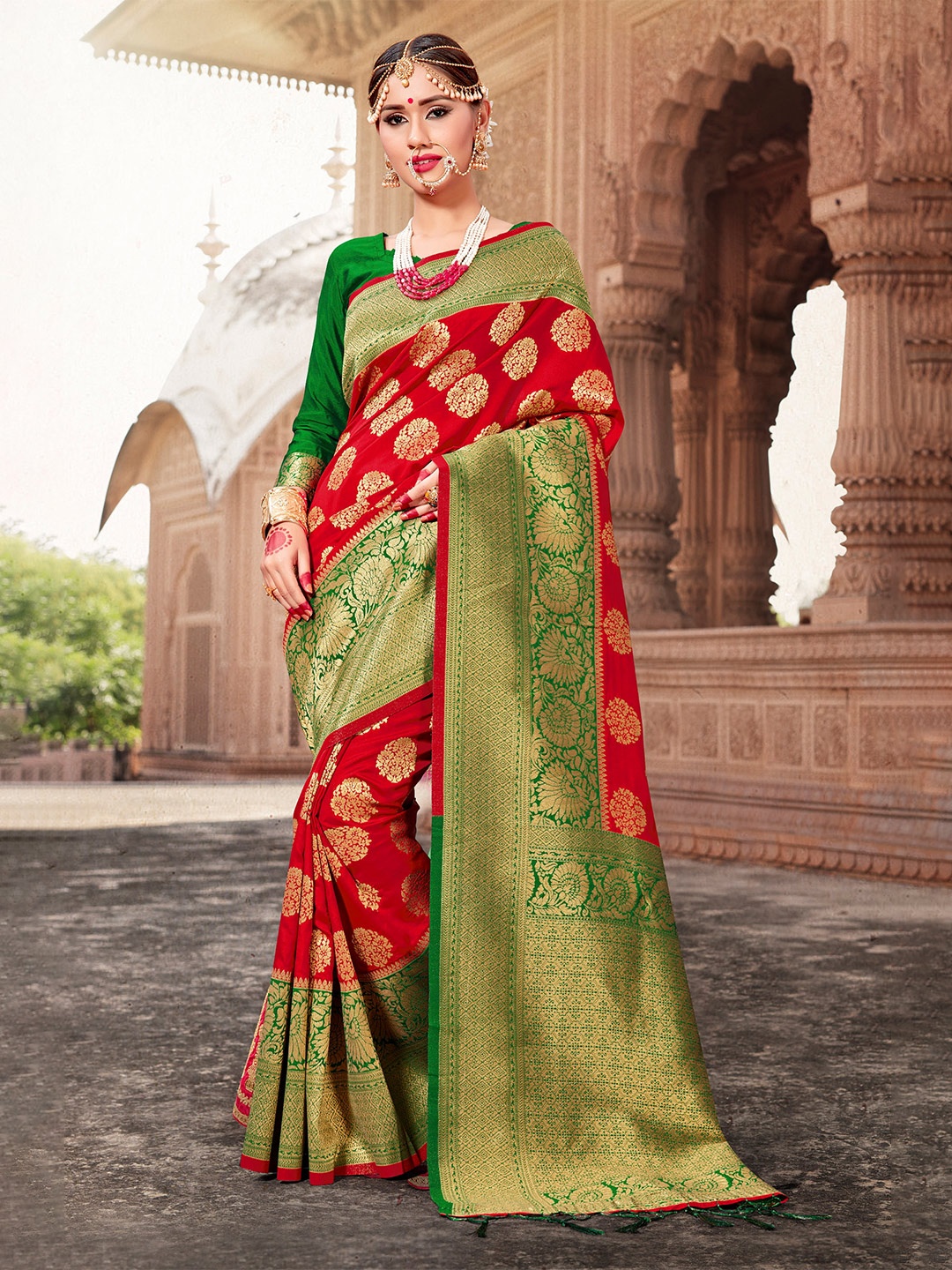 

TIRA Ethnic Woven Design Zari Art Silk Banarasi Saree, Red