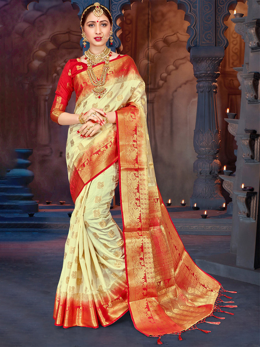 

TIRA Ethnic Woven Design Zari Art Silk Banarasi Saree, Cream