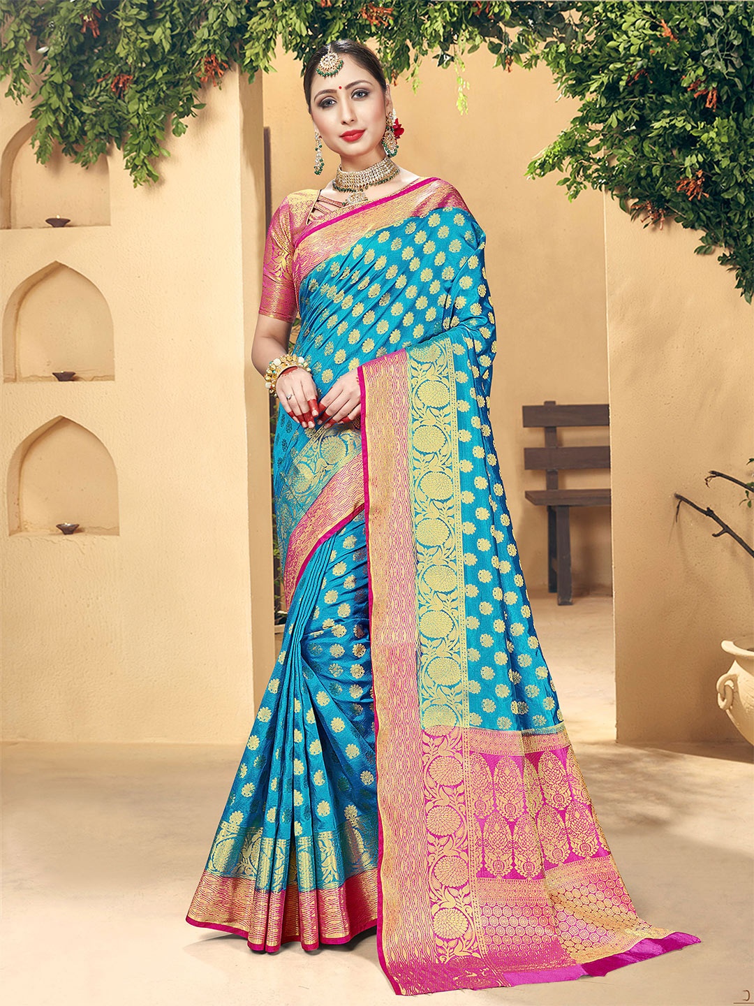 

TIRA Ethnic Woven Design Zari Art Silk Banarasi Saree, Turquoise blue