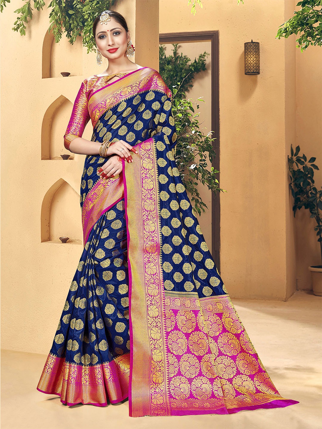 

TIRA Ethnic Motifs Zari Art Silk Banarasi Saree, Navy blue