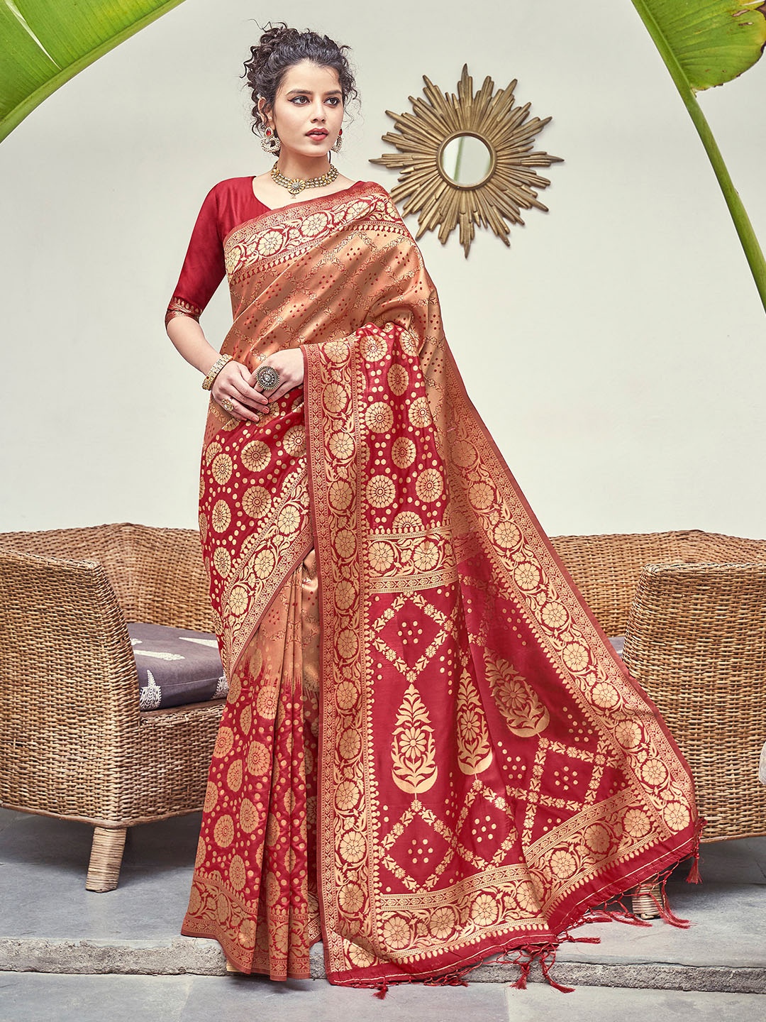 

TIRA Ethnic Woven Design Zari Art Silk Banarasi Saree, Red