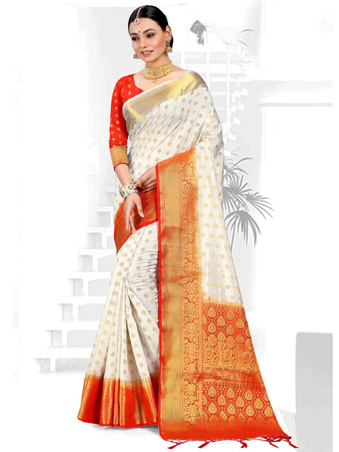 

TIRA Ethnic Woven Design Zari Art Silk Banarasi Saree, Off white