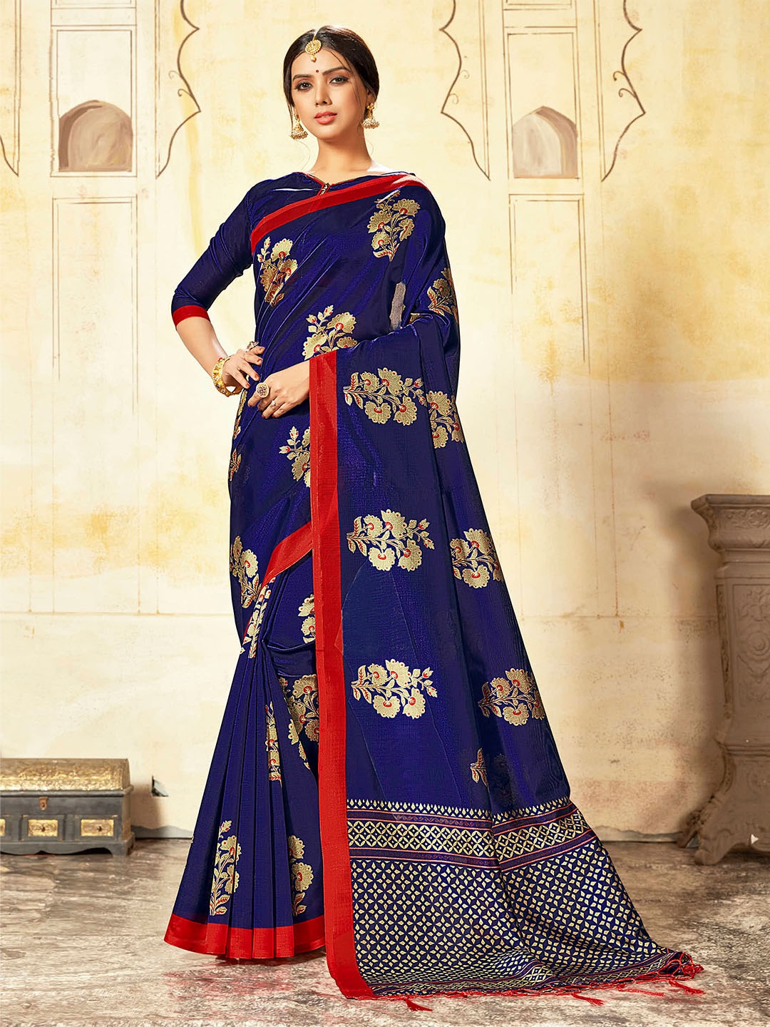 

TIRA Floral Art Silk Saree, Navy blue