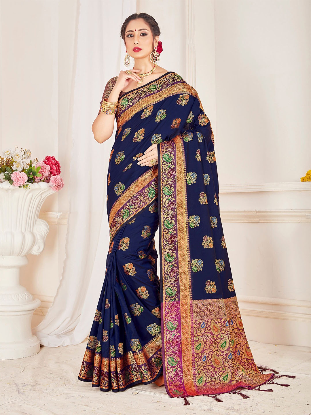 

TIRA Ethnic Woven Design Zari Art Silk Banarasi Saree, Navy blue