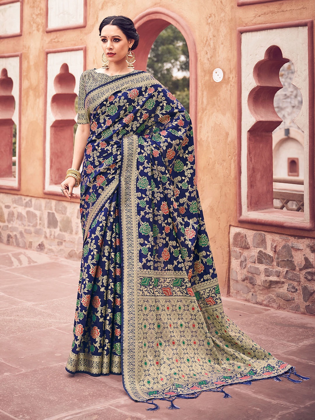 

TIRA Ethnic Woven Design Zari Art Silk Banarasi Saree, Navy blue