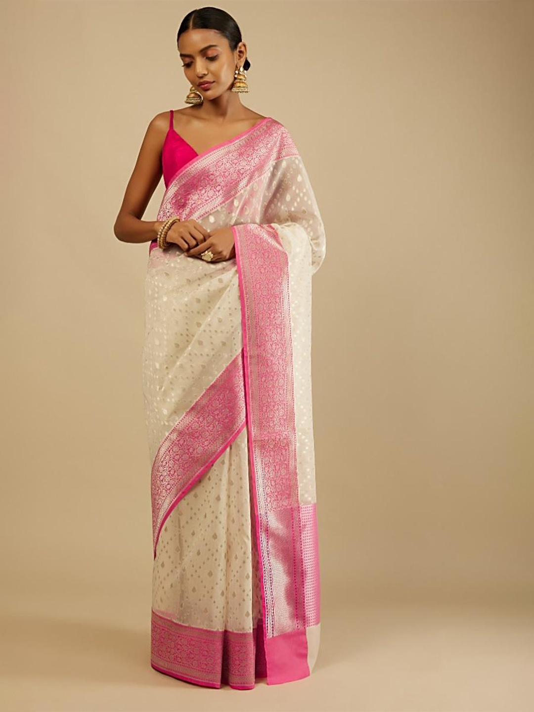

TIRA Woven Design Zari Kota Saree, Off white