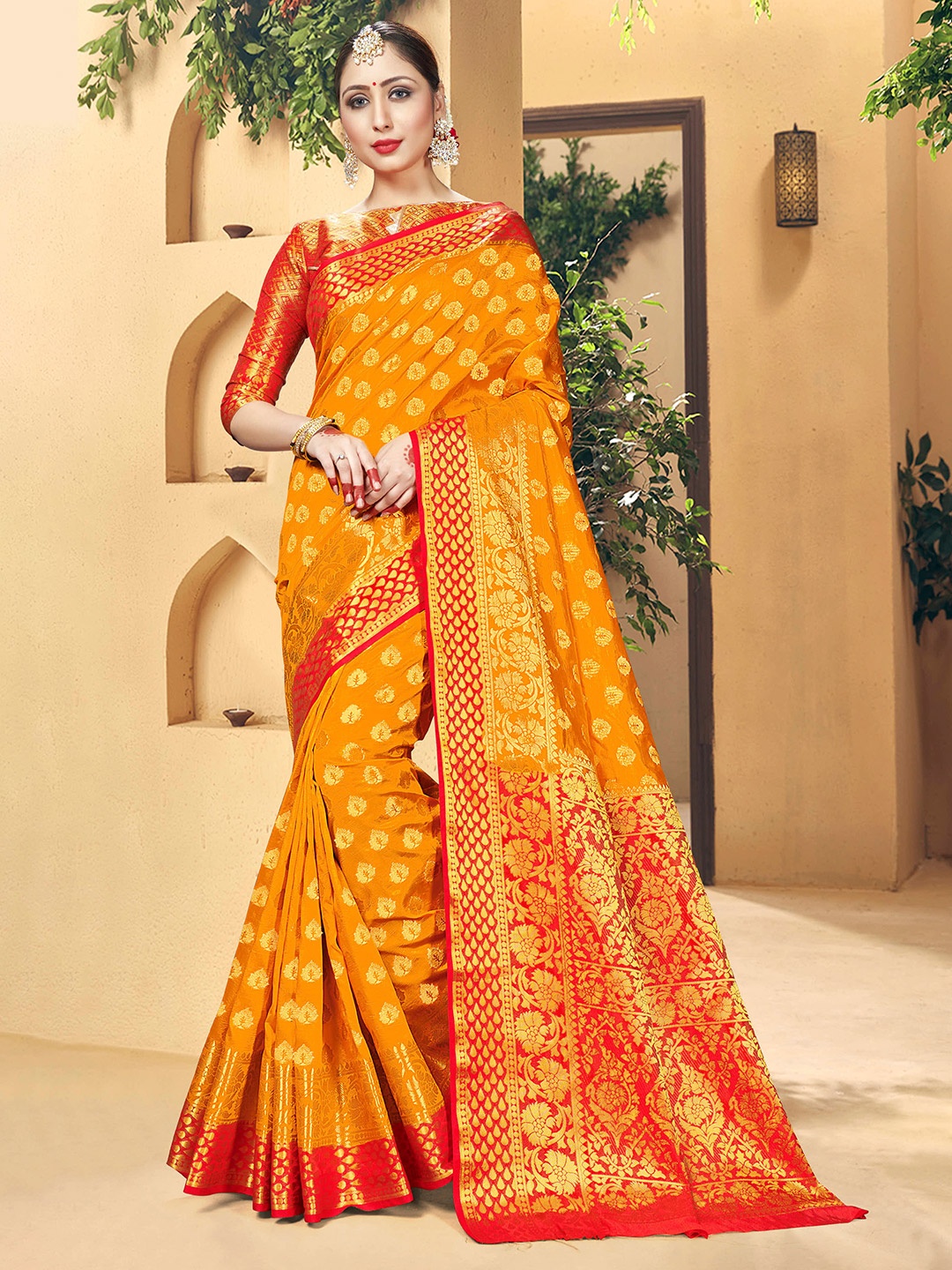 

TIRA Ethnic Motifs Woven Design Zari Banarasi Saree, Orange