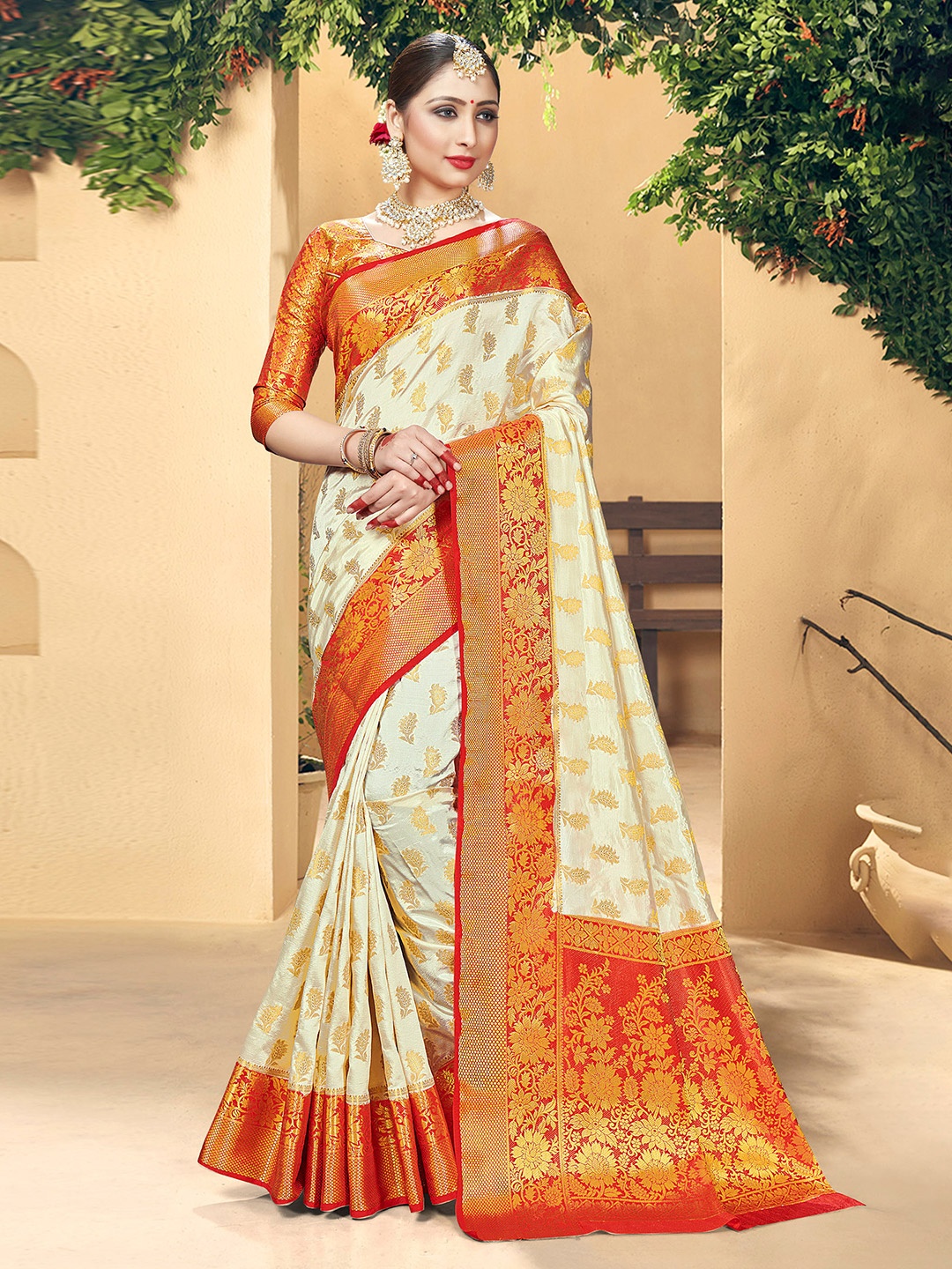 

TIRA Ethnic Motifs Woven Design Zari Banarasi Saree, Off white