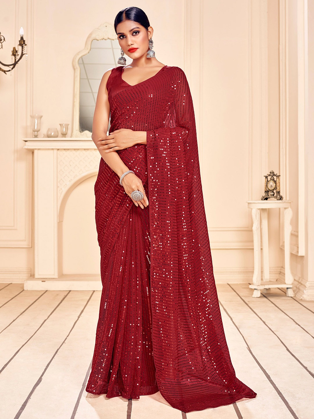 

TIRA Embellished Sequin Saree, Red