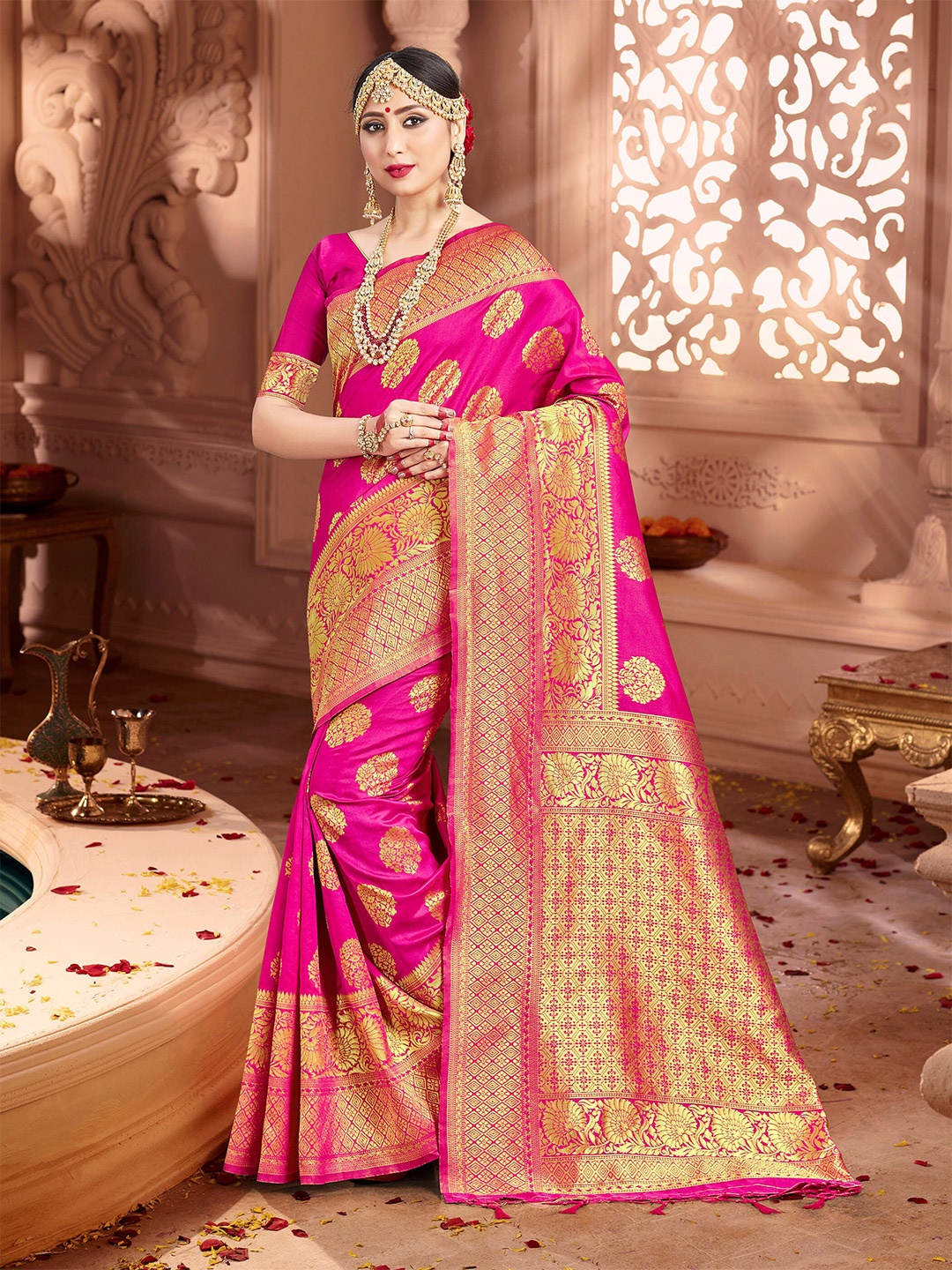 

TIRA Ethnic Motifs Woven Design Zari Banarasi Saree, Pink