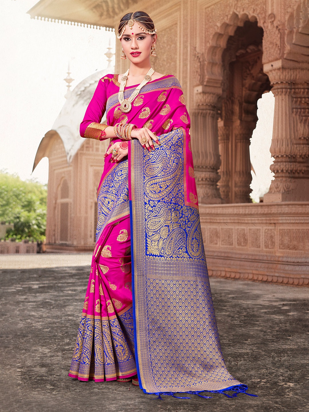 

TIRA Ethnic Motifs Woven Design Zari Banarasi Saree, Pink