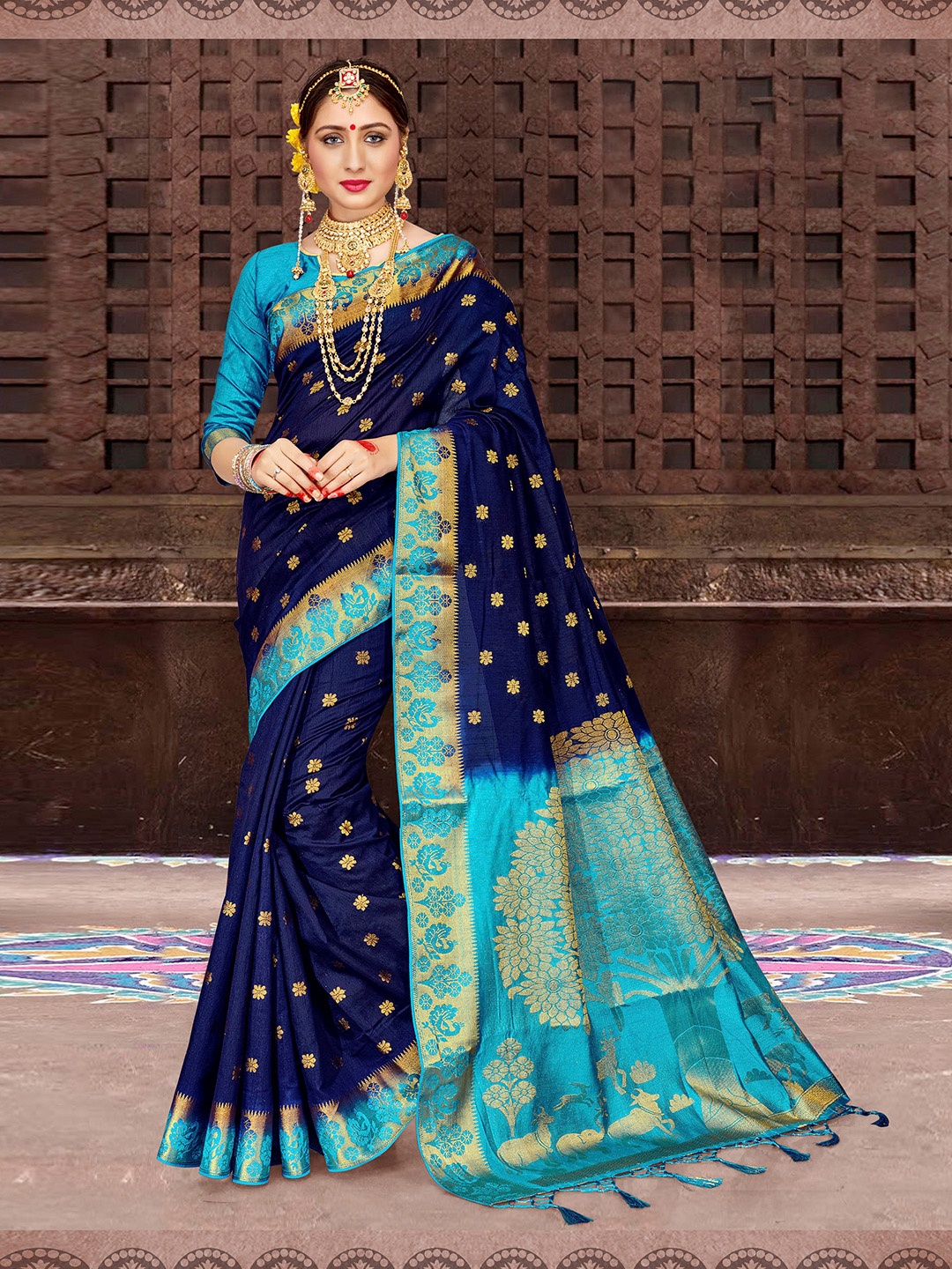 

TIRA Ethnic Motifs Woven Design Zari Banarasi Saree, Navy blue